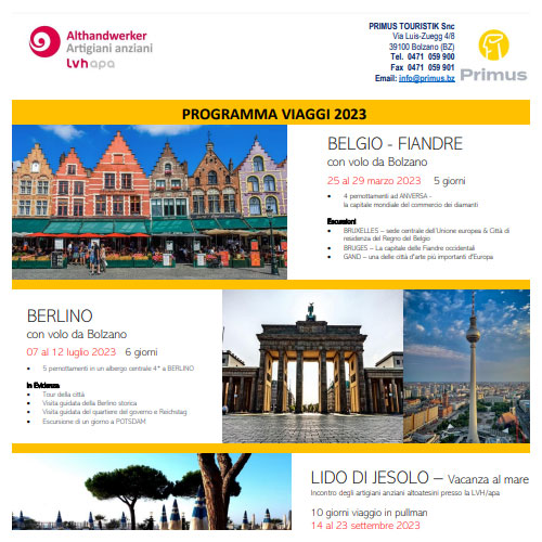 Programma Viaggi 2023 del Gruppo ANAP Bolzano