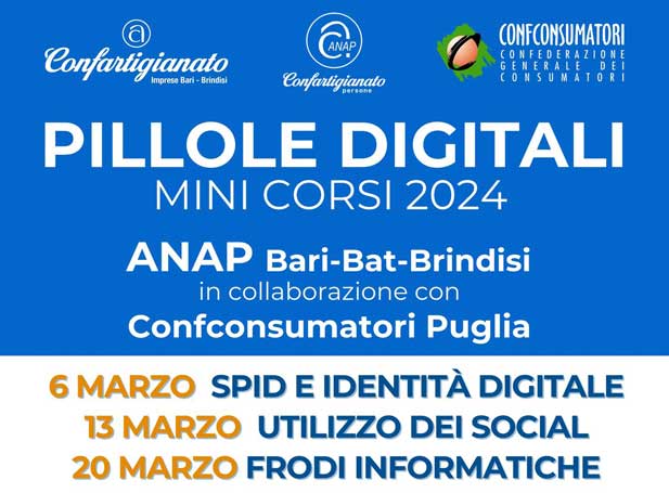 Pillole Digitali i corsi dedicati ad anziani e pensionati Anap Confartigianato Bari e Brindisi